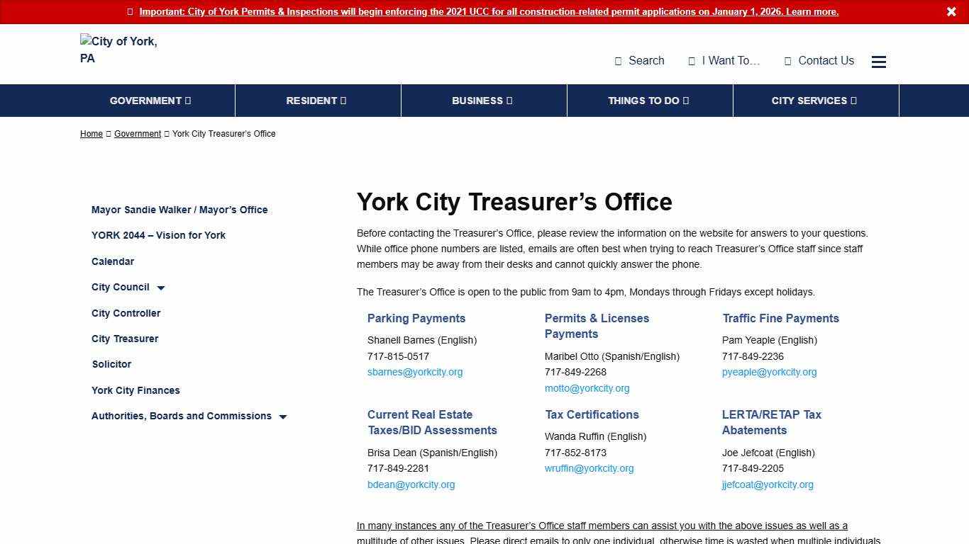 York City Treasurer's Office - City of York, Pennsylvania
